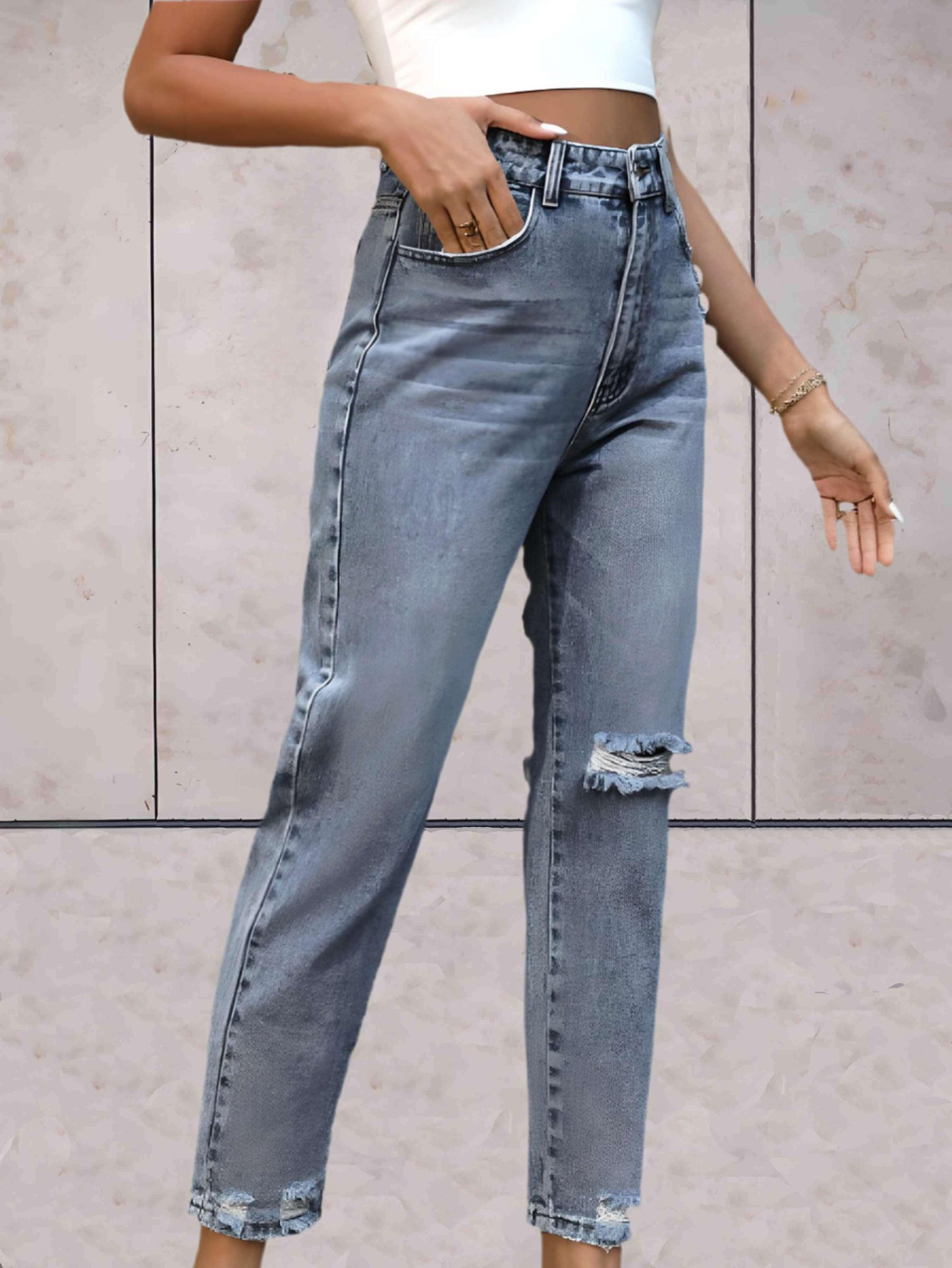 Jada - Enkellange gescheurde jeans met semi-vervaagd dessin