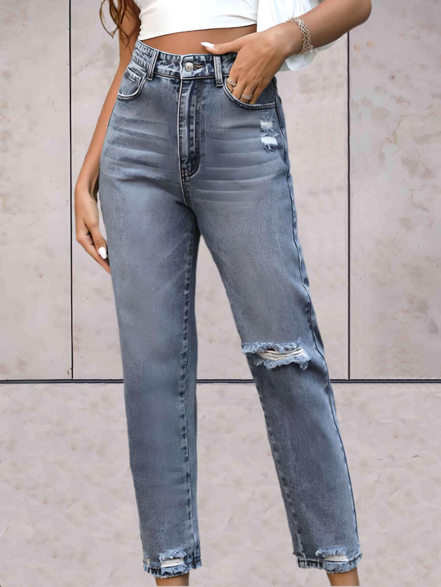 Jada - Enkellange gescheurde jeans met semi-vervaagd dessin