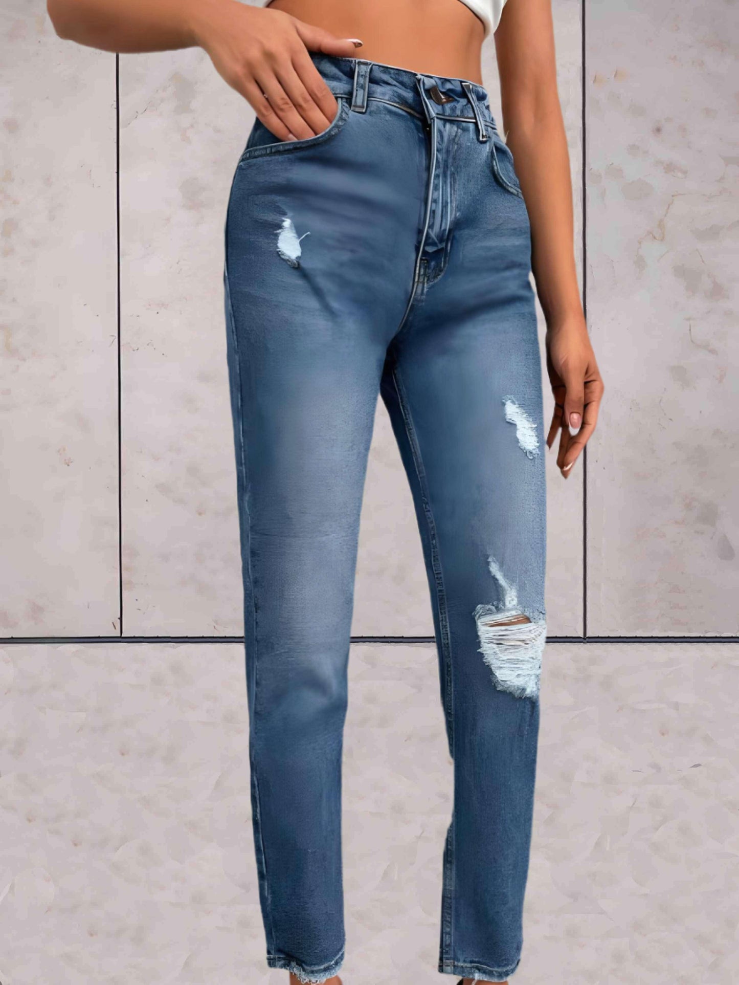 Jada - Enkellange gescheurde jeans met semi-vervaagd dessin