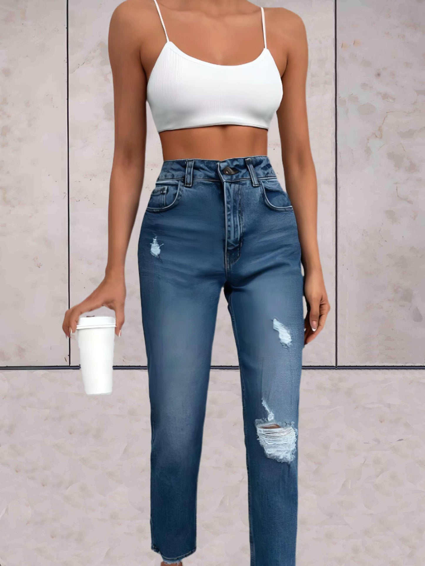 Jada - Enkellange gescheurde jeans met semi-vervaagd dessin