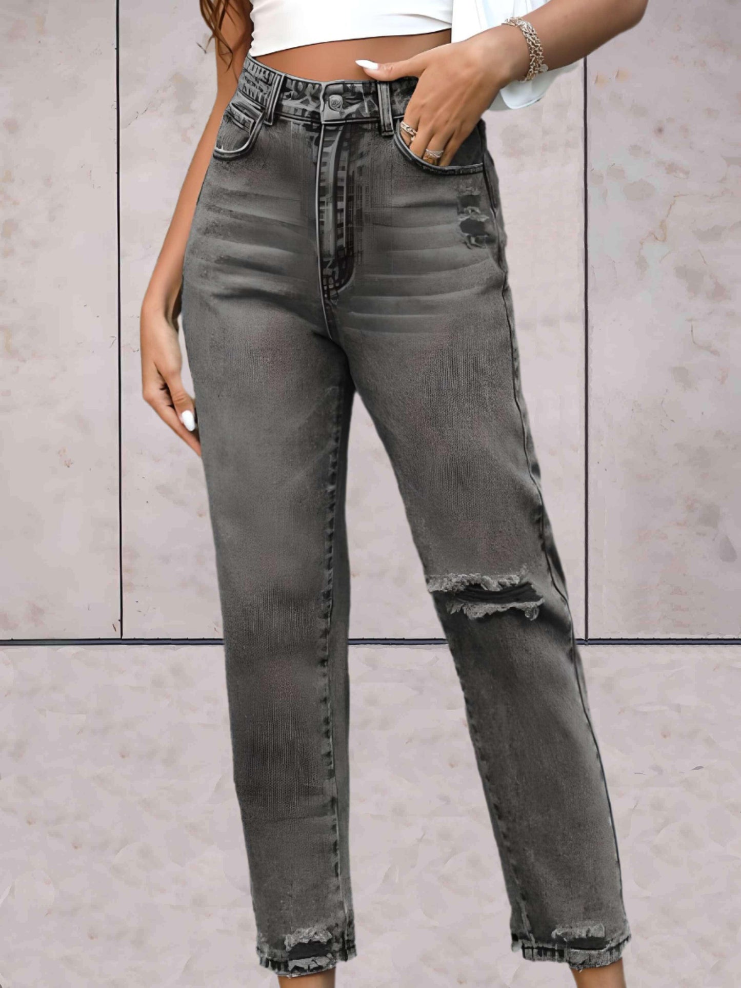 Jada - Enkellange gescheurde jeans met semi-vervaagd dessin