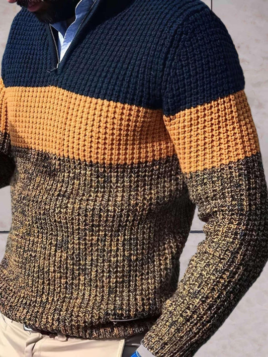 Jerry - casual gebreid slimfit trui met contrasterende kleuren en 1/4 ritssluiting