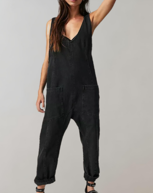 Keziah | Denim mouwloze jumpsuit met een diepe V-hals en meerdere zakken broek