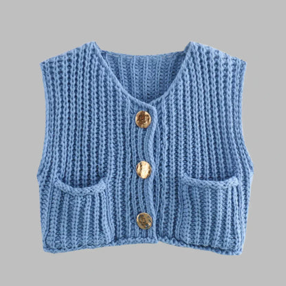 Alida Kort Vest | Gebreid damesvest met gouden knopen