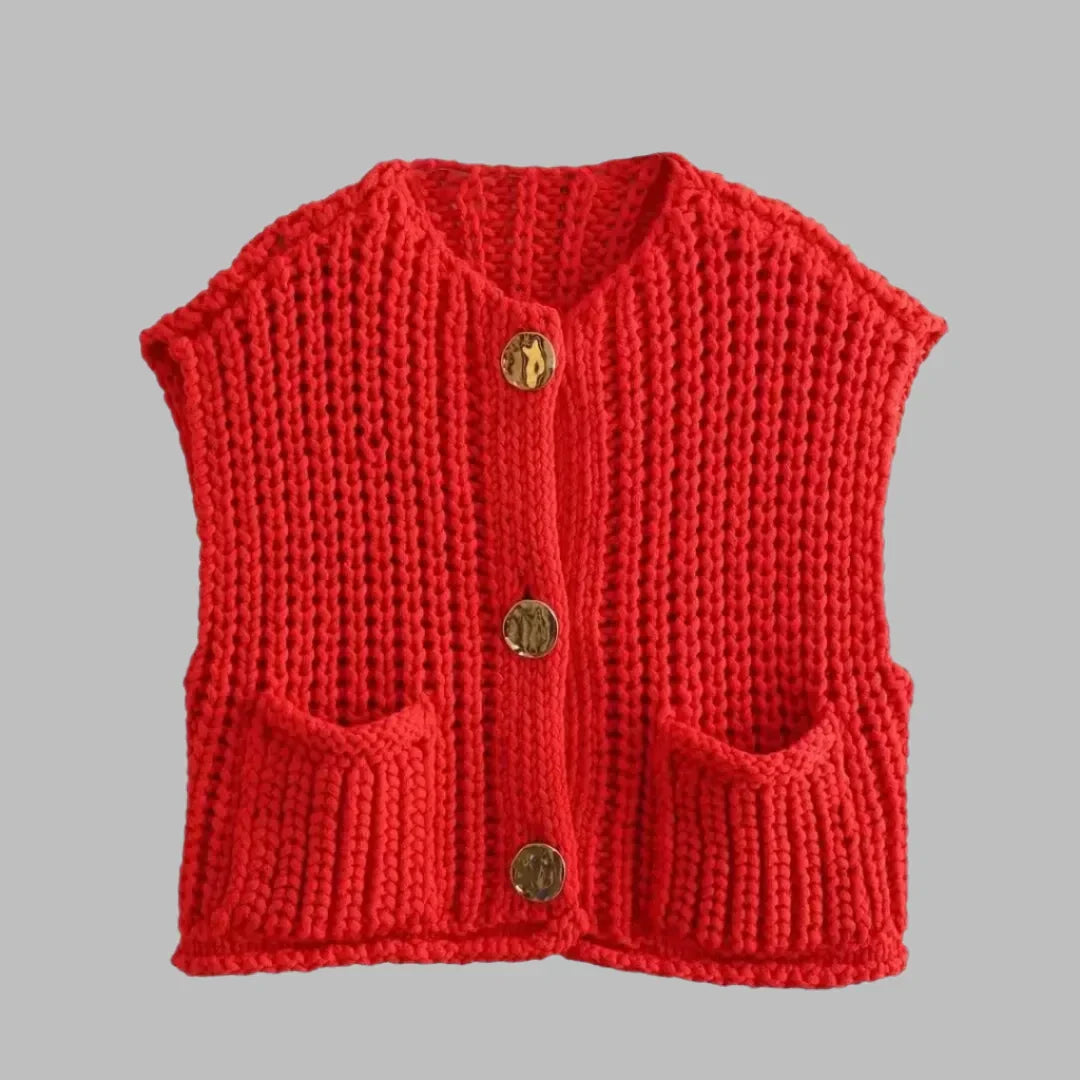 Alida Kort Vest | Gebreid damesvest met gouden knopen