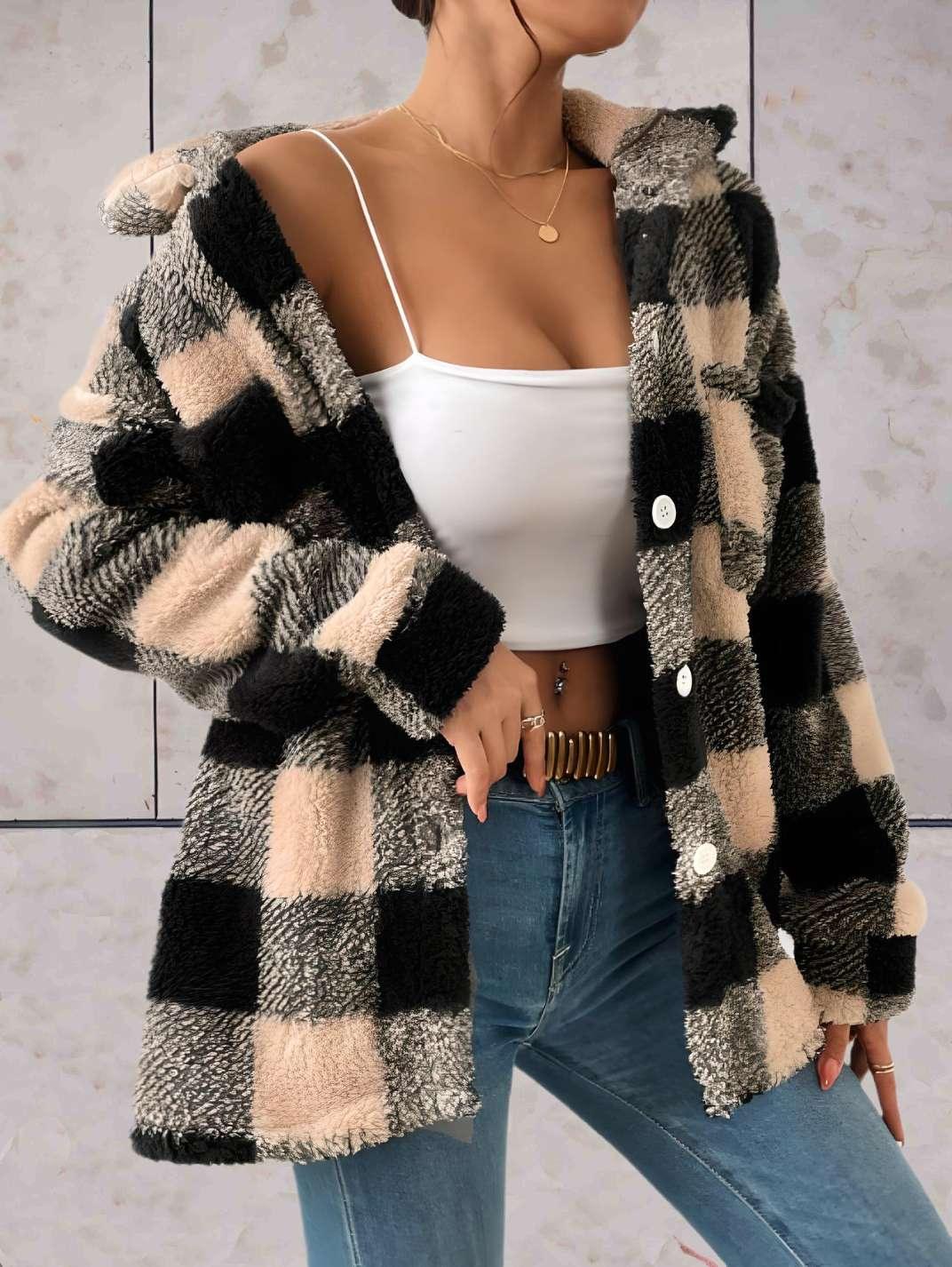 Lexie - Lang imitatieruitjesmodel met jack met grote kraag