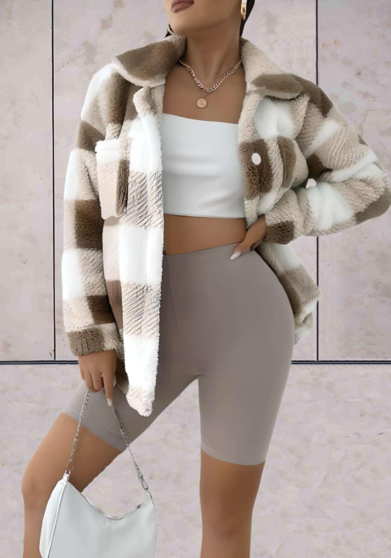 Lexie - Lang imitatieruitjesmodel met jack met grote kraag