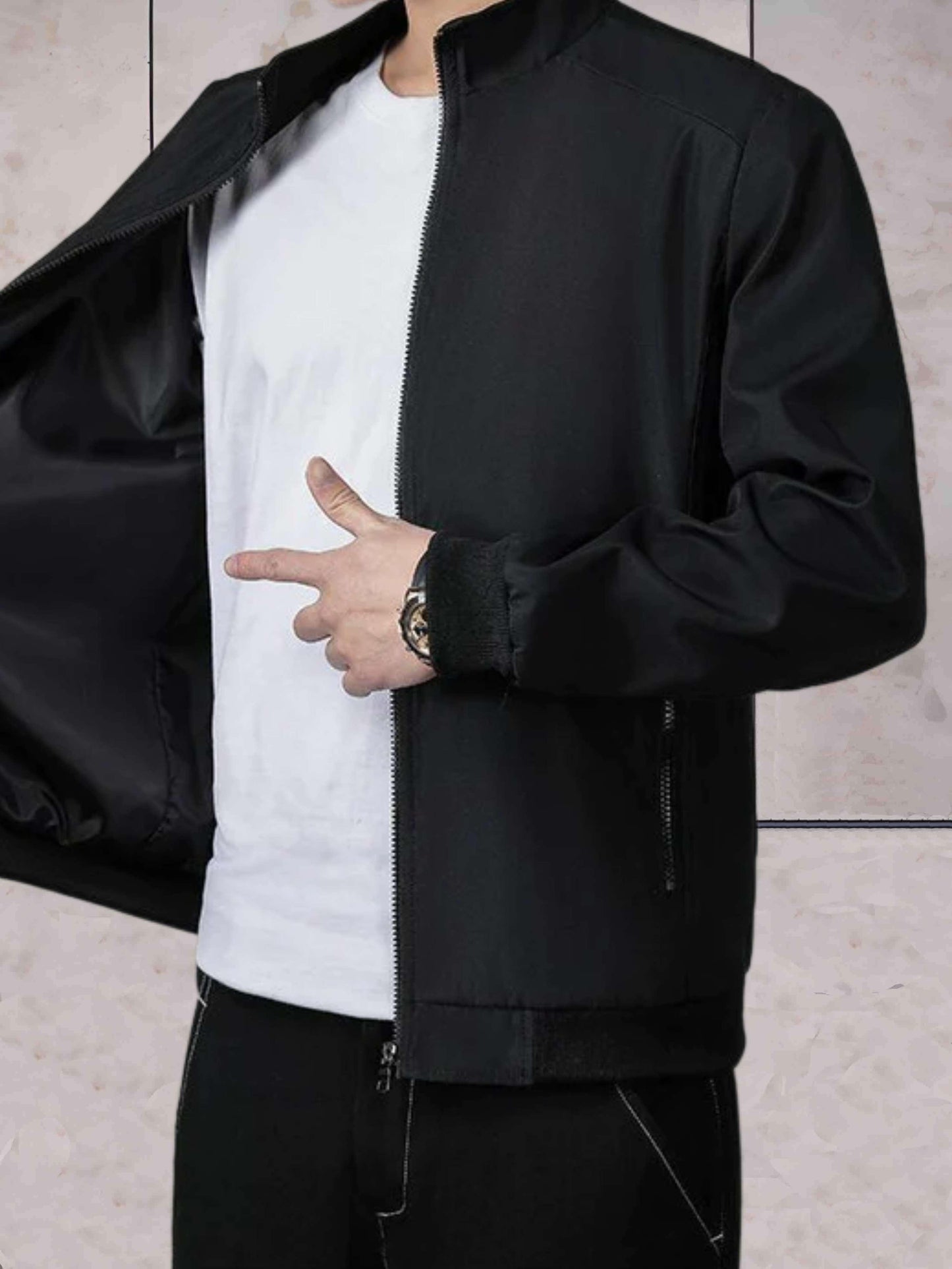 Liam - nonchalant polyester jack met opstaande kraag en ritssluiting over de hele lengte