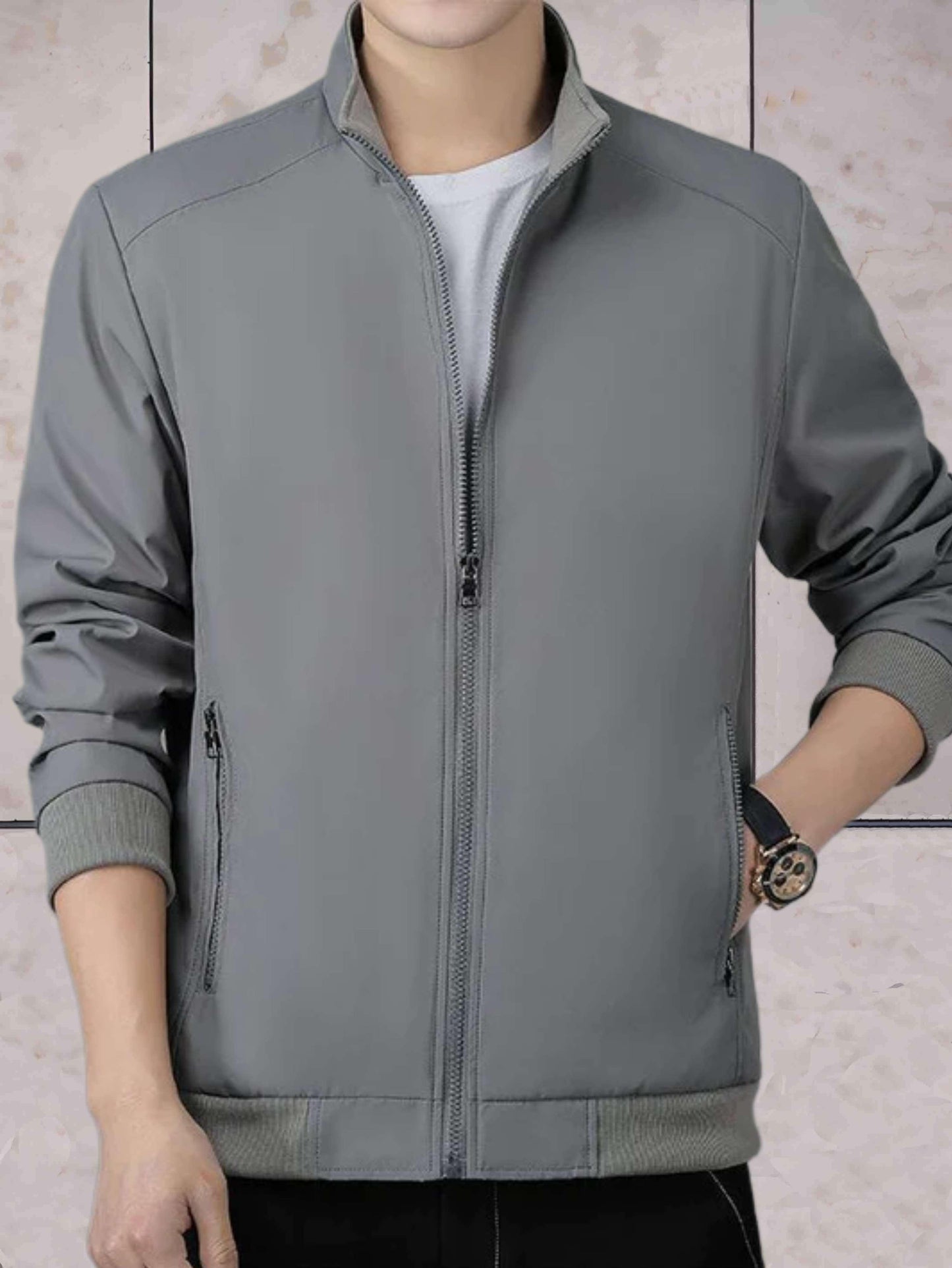 Liam - nonchalant polyester jack met opstaande kraag en ritssluiting over de hele lengte