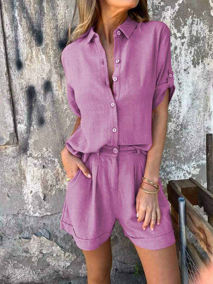 Teun | casual tweedelig short en blouse set met knopen