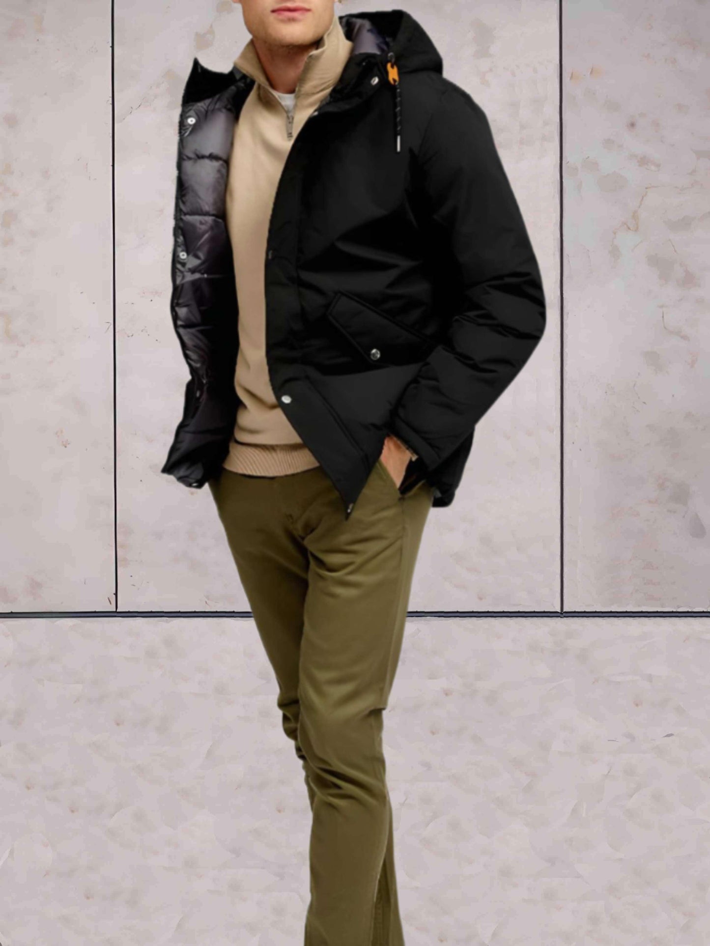 Marlou - dikke en warme zwarte jas met capuchon, hoge halslijn met combinatie van knoop- en ritssluiting