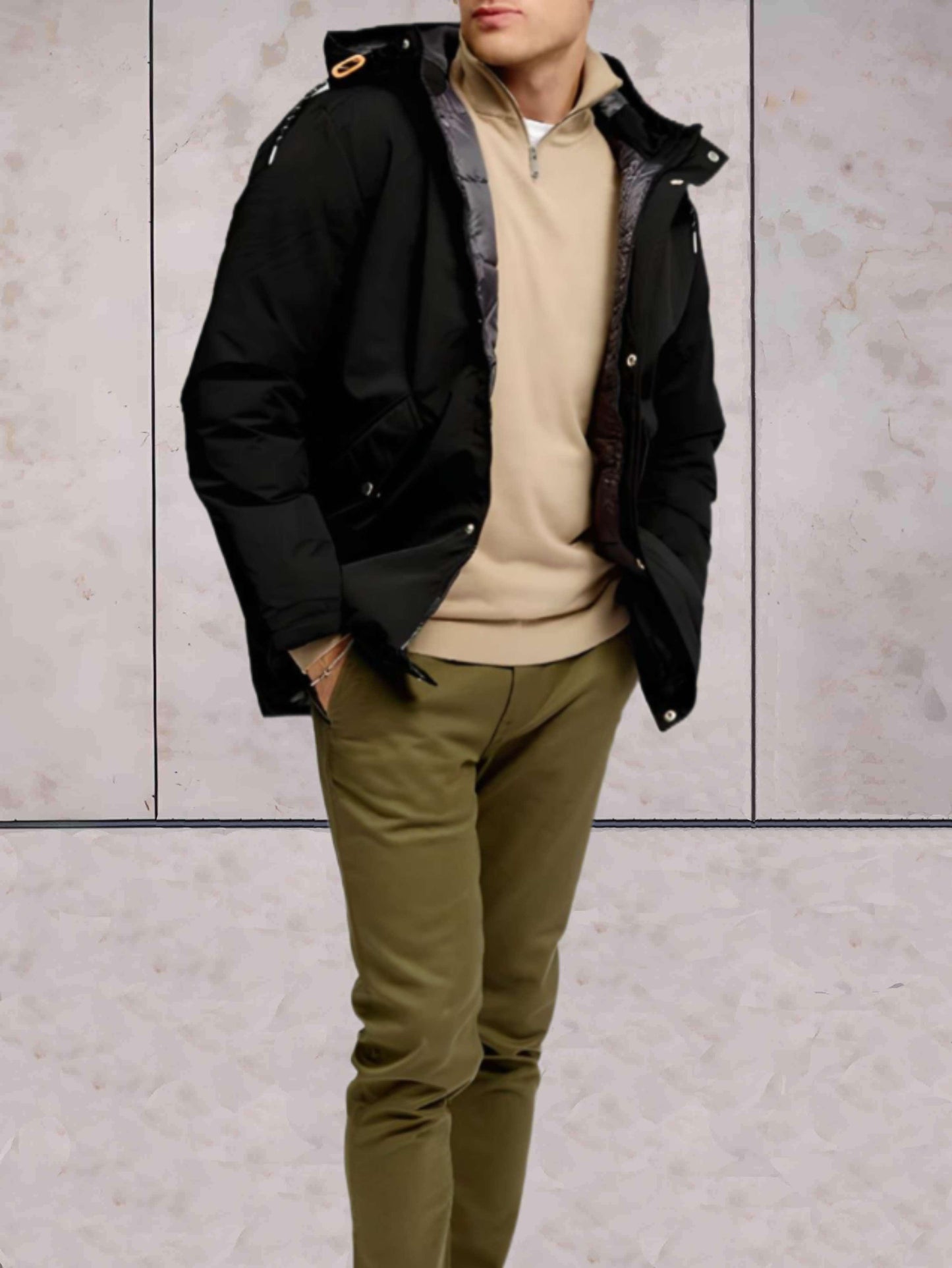 Marlou - dikke en warme zwarte jas met capuchon, hoge halslijn met combinatie van knoop- en ritssluiting