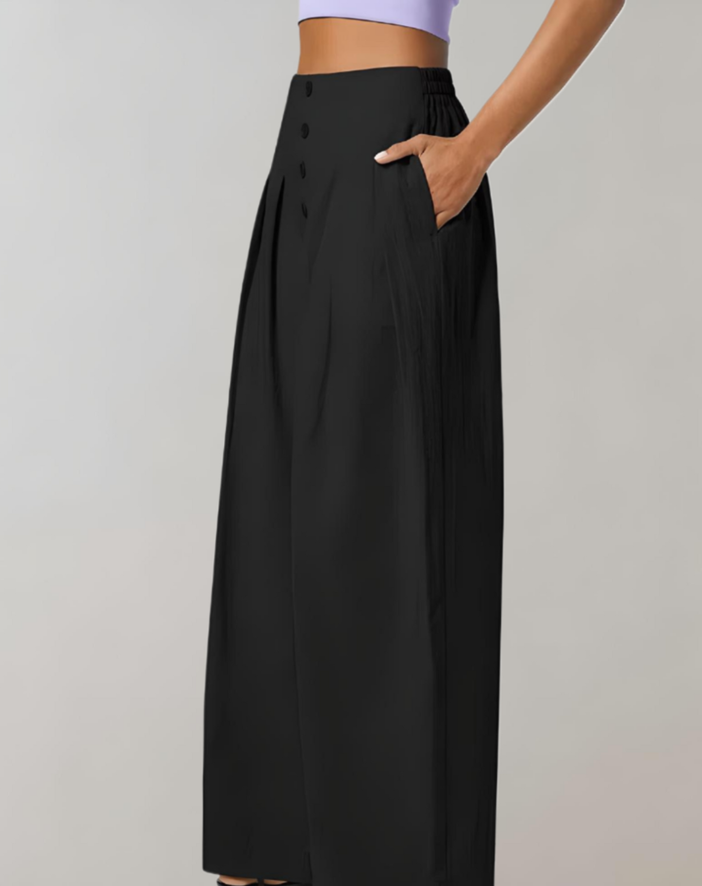 Naomi | Wijde broek met hoge taille, knoopsluiting en zakken