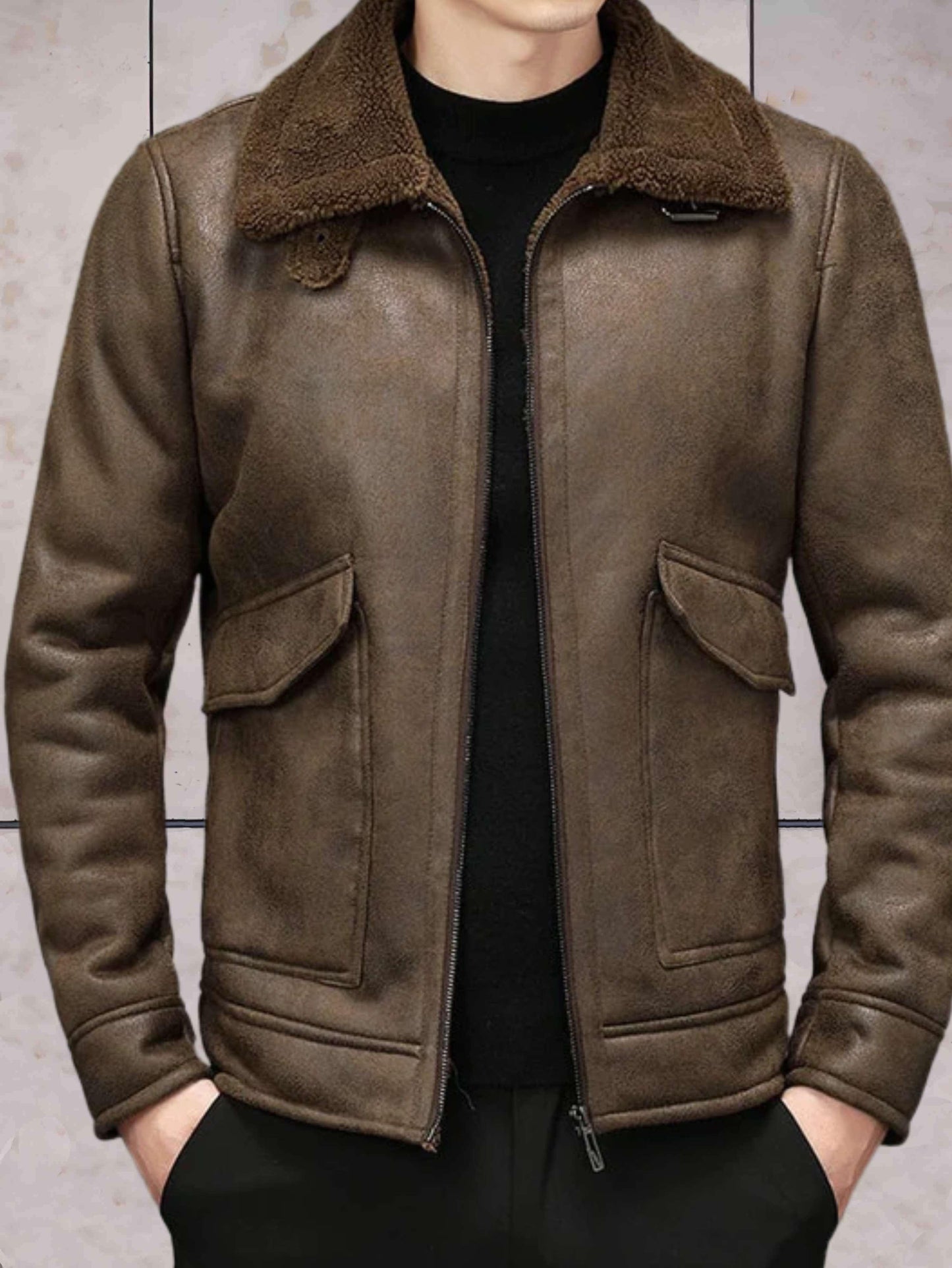 Nathaniel - bruin leren jack in vintage stijl met imitatiebont en omgeslagen kraag