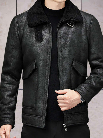 Nathaniel - bruin leren jack in vintage stijl met imitatiebont en omgeslagen kraag