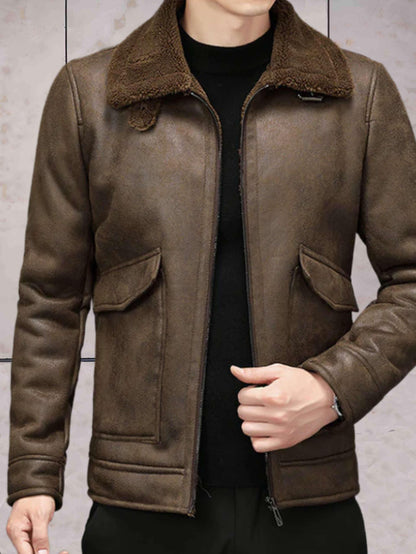 Nathaniel - bruin leren jack in vintage stijl met imitatiebont en omgeslagen kraag