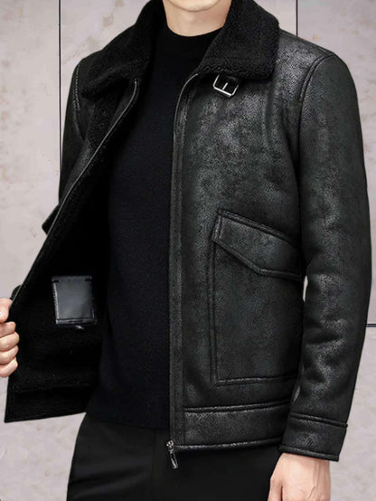 Nathaniel - bruin leren jack in vintage stijl met imitatiebont en omgeslagen kraag