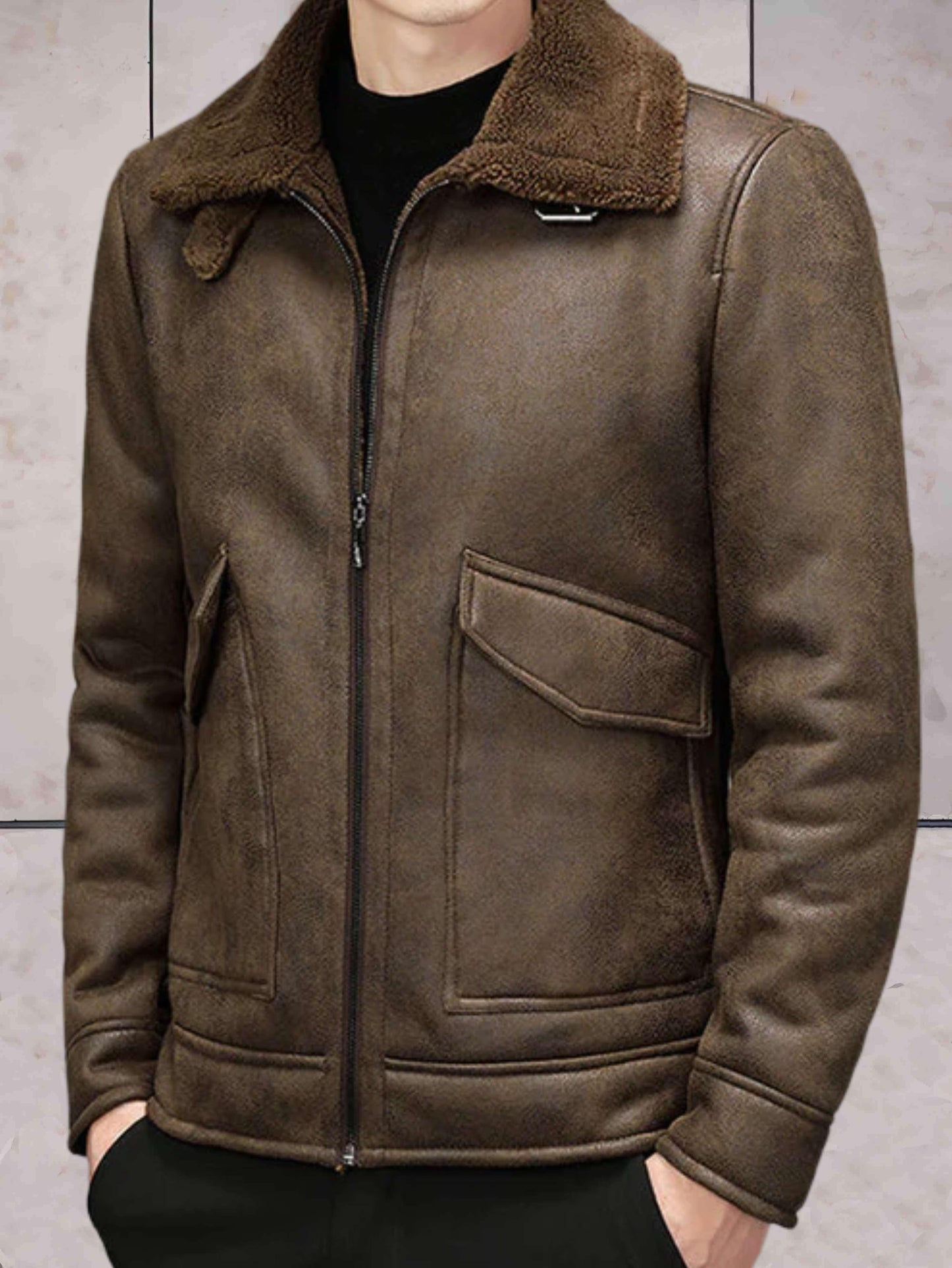 Nathaniel - bruin leren jack in vintage stijl met imitatiebont en omgeslagen kraag