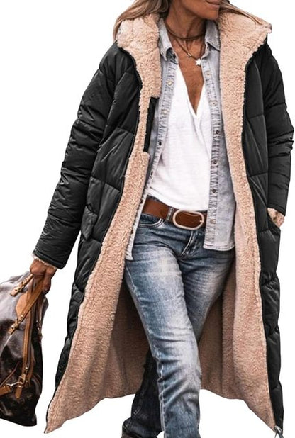 Autri Fleece jas | Omkeerbare sherpa fleece lange puffer jassen met capuchon voor dames