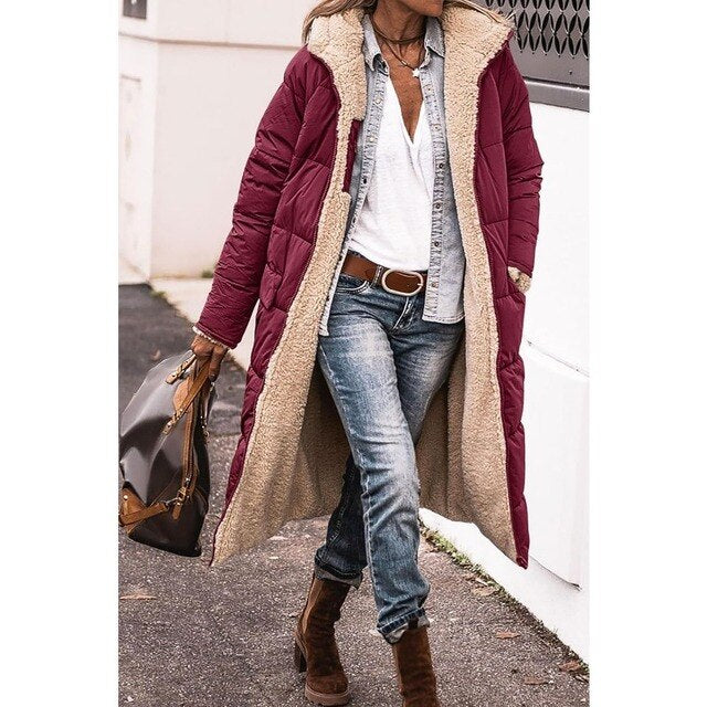 Autri Fleece jas | Omkeerbare sherpa fleece lange puffer jassen met capuchon voor dames
