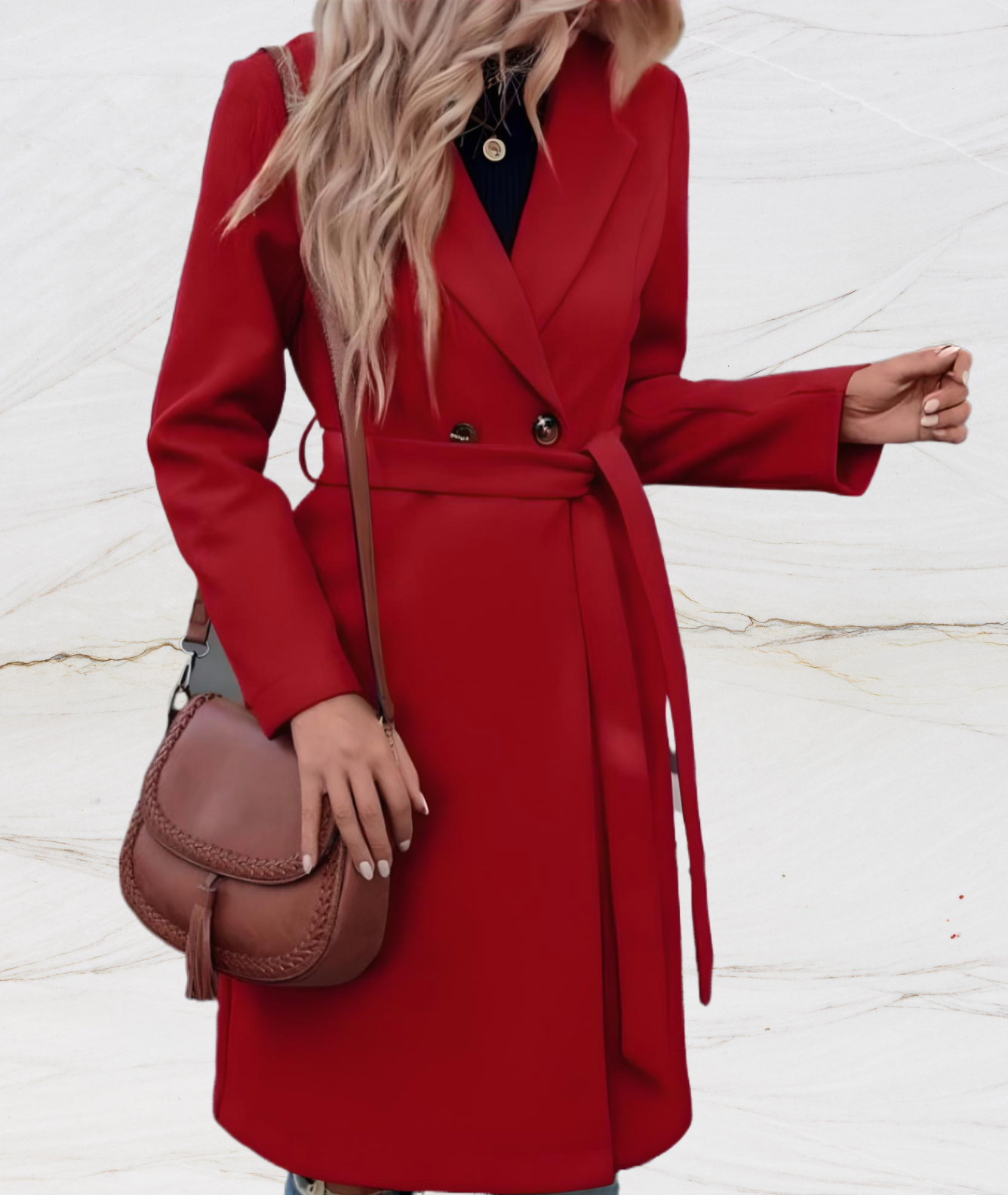 Riri | Strak en chique lang jasje met grote kragen knopen en gewaadachtig stropdasontwerp