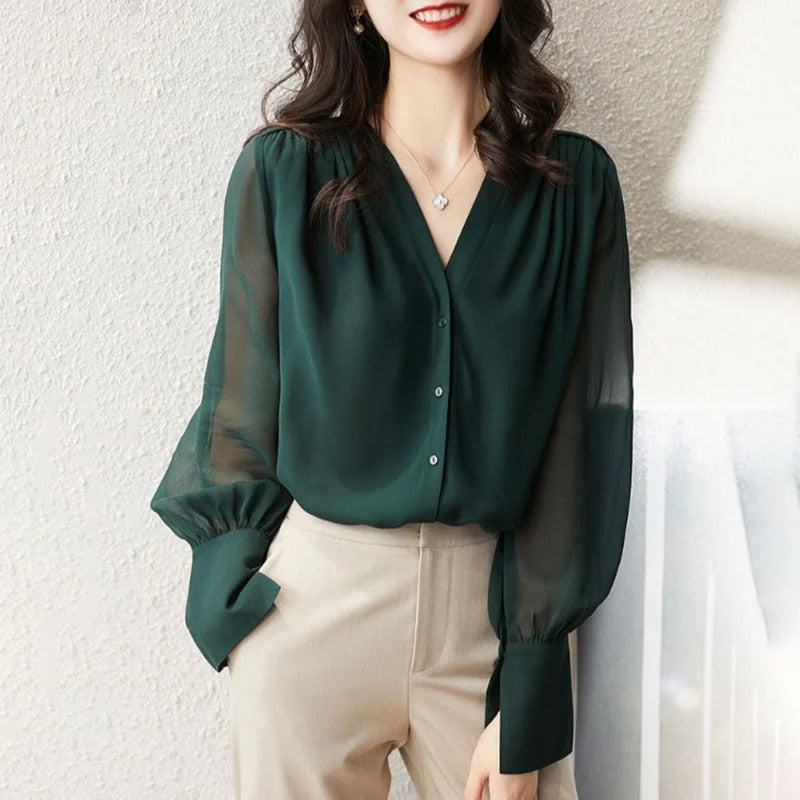 Rosalien | Vrouwen Lichtgewicht V-hals Manchet Mouw Geplooid Bloes