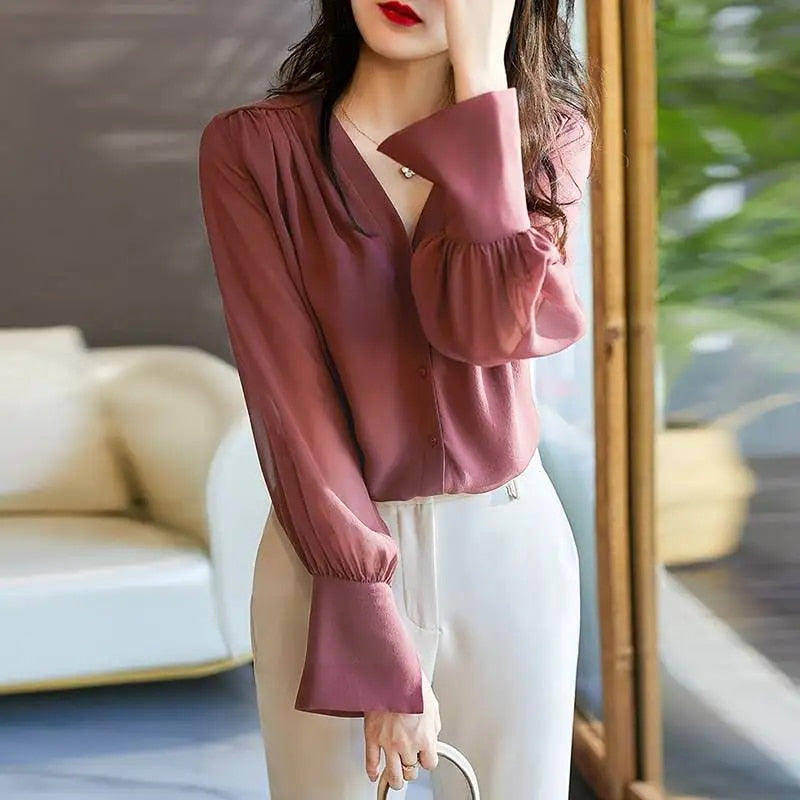 Rosalien | Vrouwen Lichtgewicht V-hals Manchet Mouw Geplooid Bloes