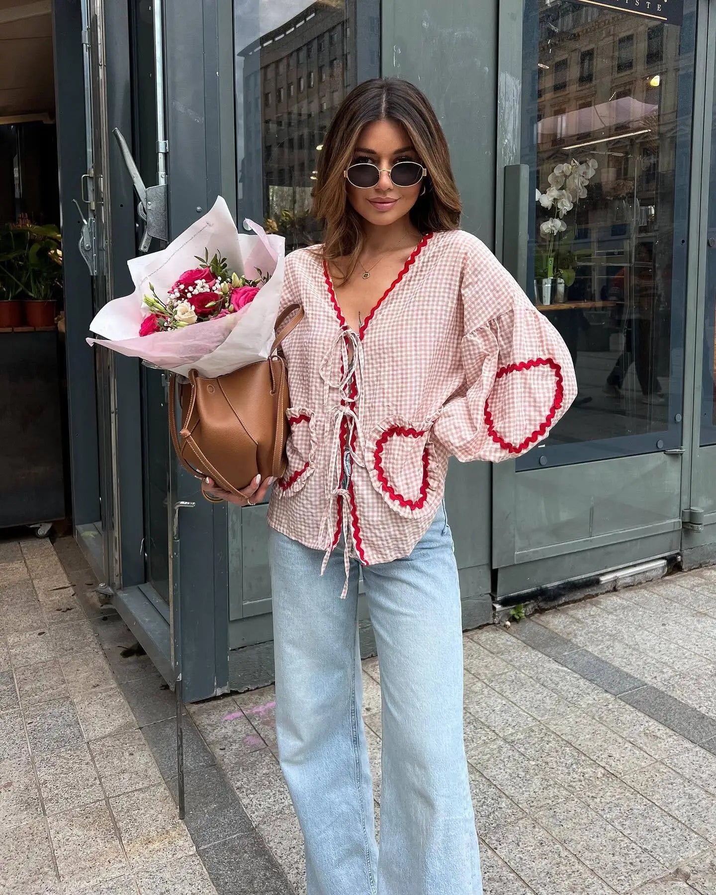 Violeta Vintage Blouse | Stijlvolle damesblouse met hartpatroon, lange mouwen en strikdetails