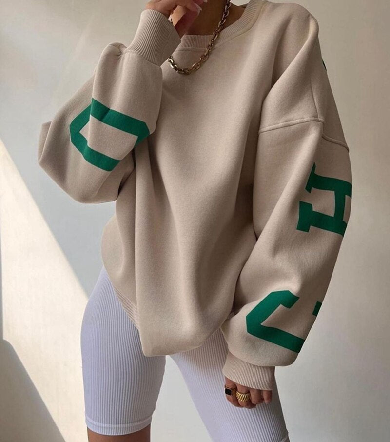 Pauline - Chique Herfst Oversized Sweatshirt met Chicago Letter Graphic voor Vrouwen