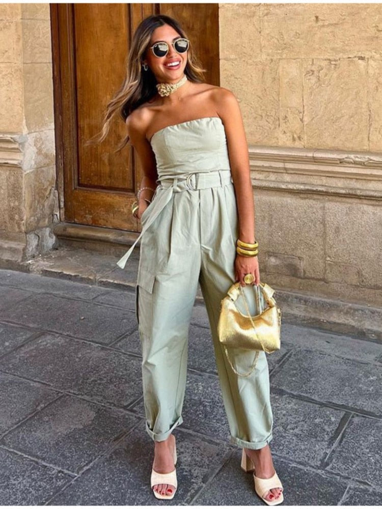 Groene strapless cargo jumpsuit