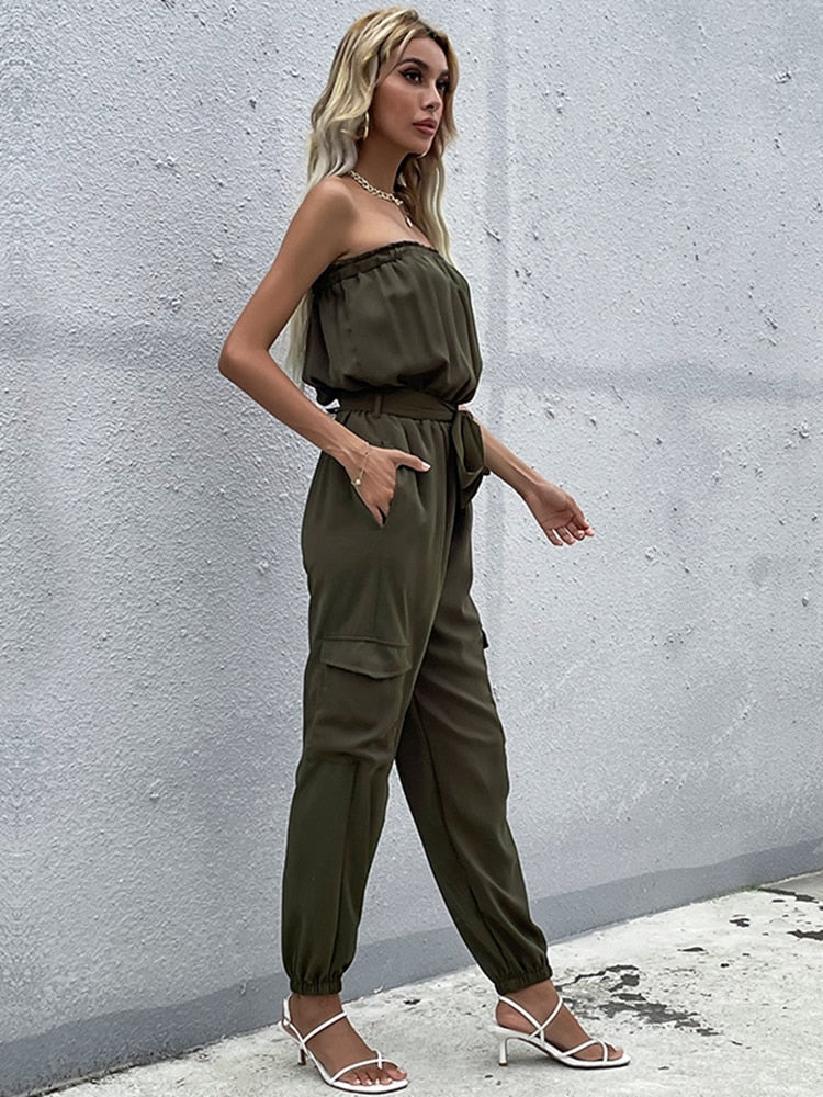 Ella | Donkergroene strapless cargo jumpsuit