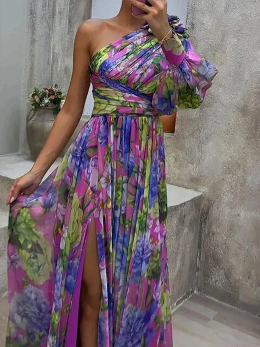 Lila - Sexy Maxi-Jurk met Zijdelingse Split en Één Mouw voor Vrouwen