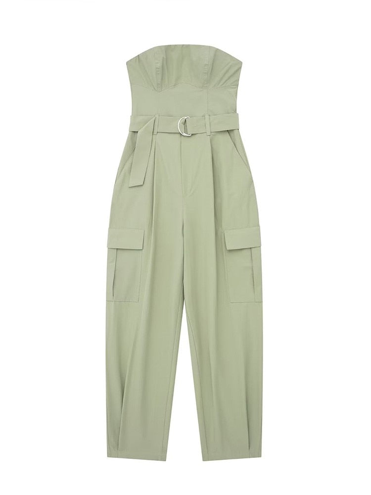Groene strapless cargo jumpsuit