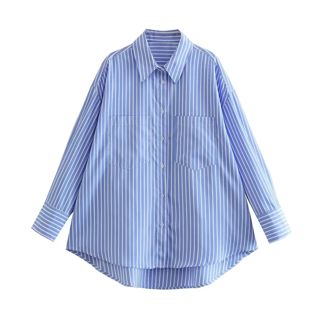 Isabella Striped Blouse | Retro stijlvolle blauw met wit gestreepte oversized blouse voor dames