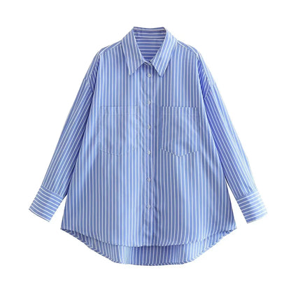 Isabella Striped Blouse | Retro stijlvolle blauw met wit gestreepte oversized blouse voor dames