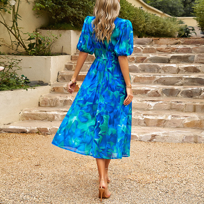 Midi jurk met blauwe print