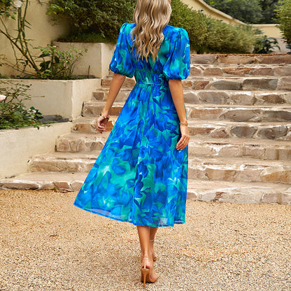 Midi jurk met blauwe print