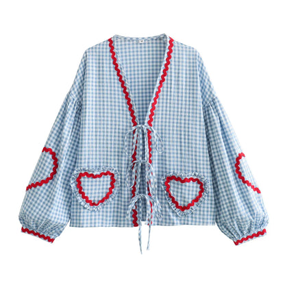 Violeta Vintage Blouse | Stijlvolle damesblouse met hartpatroon, lange mouwen en strikdetails