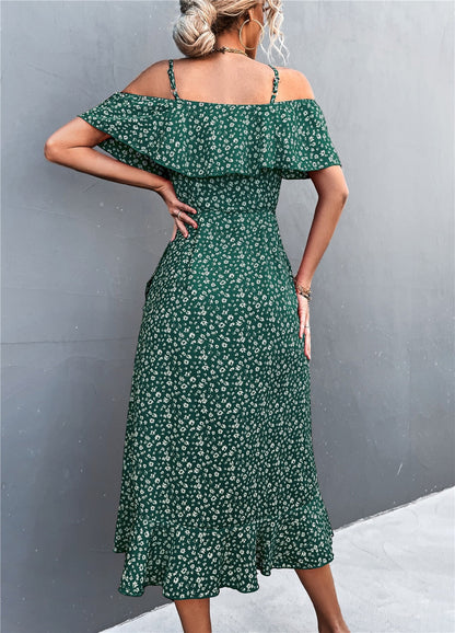 Groene midi off-shoulder jurk met bloemenprint