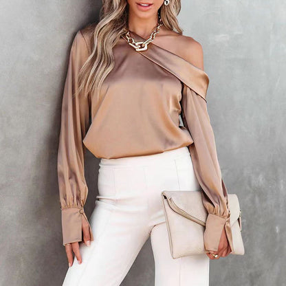 Bruine satijnen one shoulder blouse