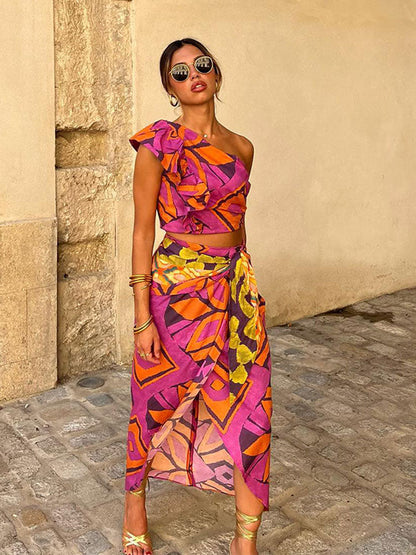 Printed two piece set met overslagrok
