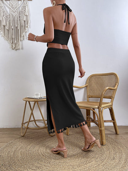 Zwarte two piece set met franjes