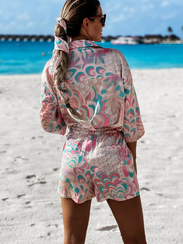 Roze/blauw two piece setje met print