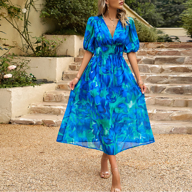 Midi jurk met blauwe print
