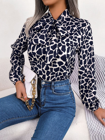 Donkerblauw/wit blouse met strik