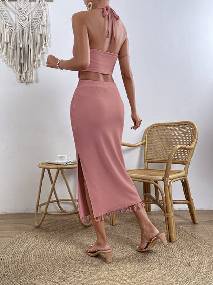Roze two piece set met franjes