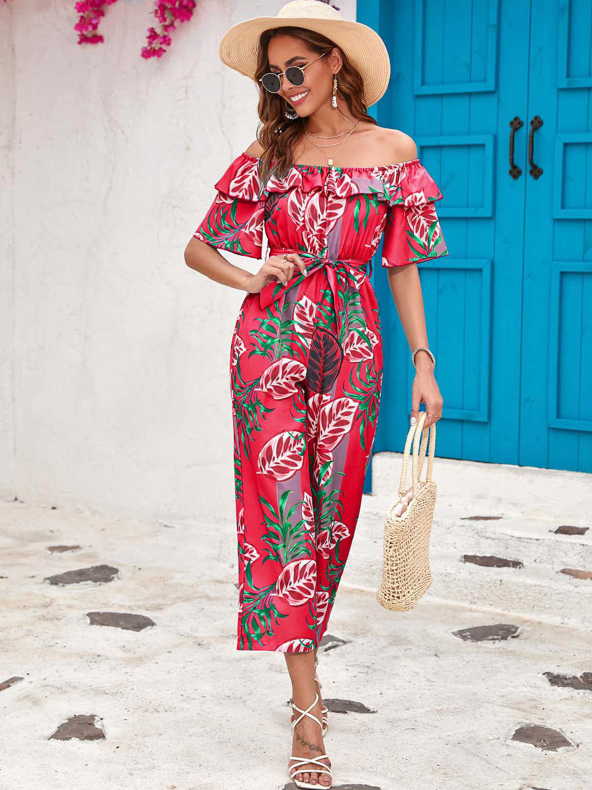 Rode jumpsuit met print