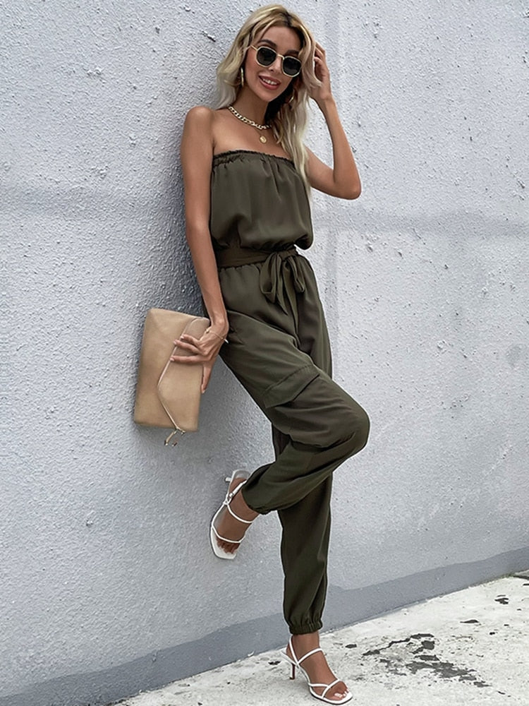 Donkergroene strapless cargo jumpsuit