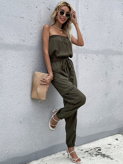 Donkergroene strapless cargo jumpsuit