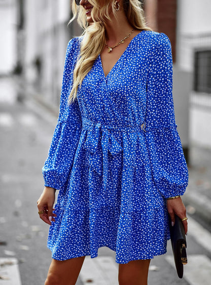 Blauwe flare jurk met stippen